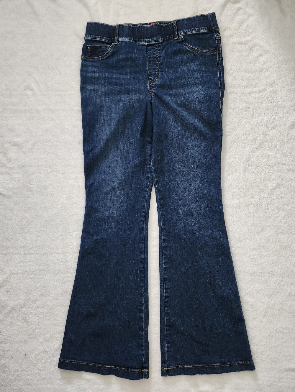Spanx Flare Jeans Medium Dark Wash Pull On Stretch Retro Boho Shaping Denim